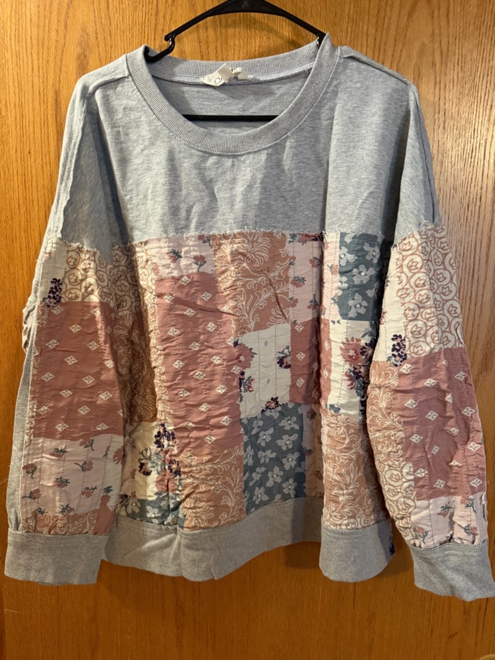 Patchwork Crewneck Sweater in Gray and Dusty Rose by Jnna